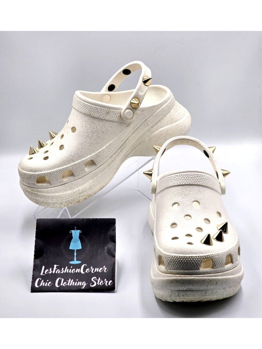 Crocs Women's White Off Bae Glitter Stud Platform Clogs Gold Spikes Sz 9  2360